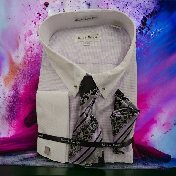 MEN'S KARL KNOX "X-SIZE" 22 1/2 X 37-38 LAVENDER-WHT BOX CHECK COMBO SET SX4435. - Picture 1 of 5